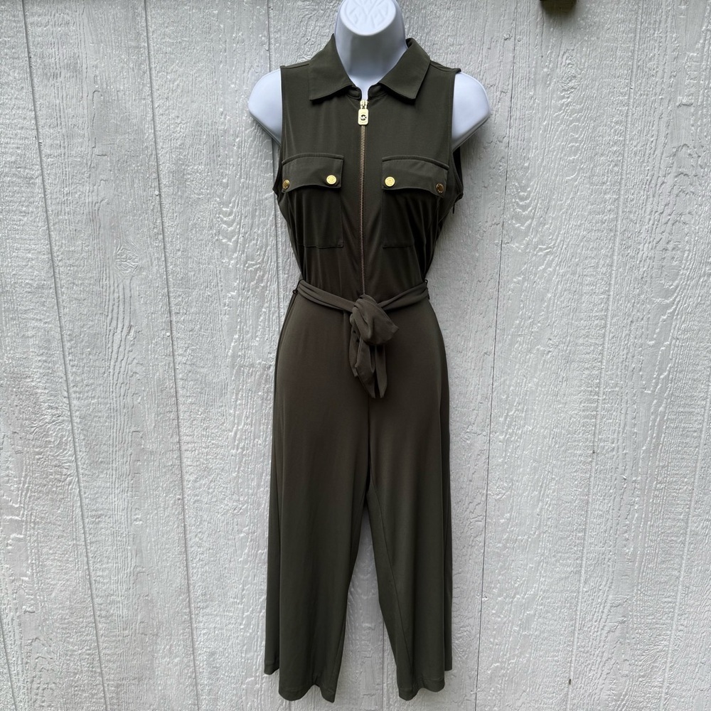 Michael Kors Womenβs Sleeveless Ivy Green Gold Zipper Jumpsuit XS